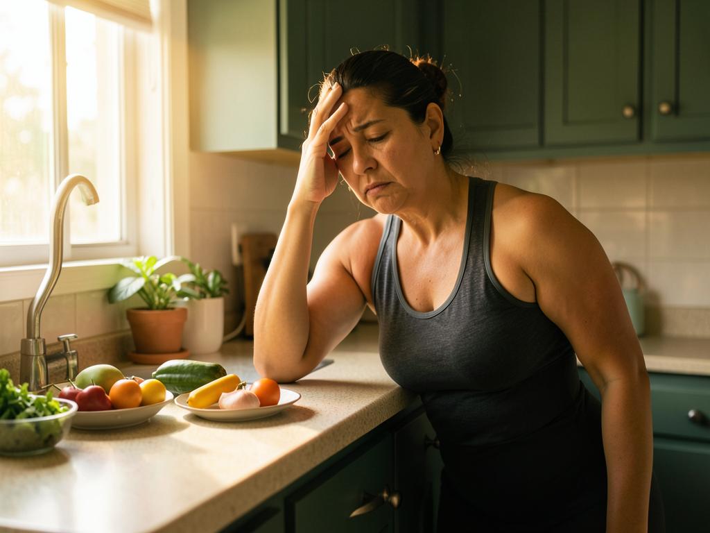 Mulher em roupa de treino na cozinha, com expressão de cansaço